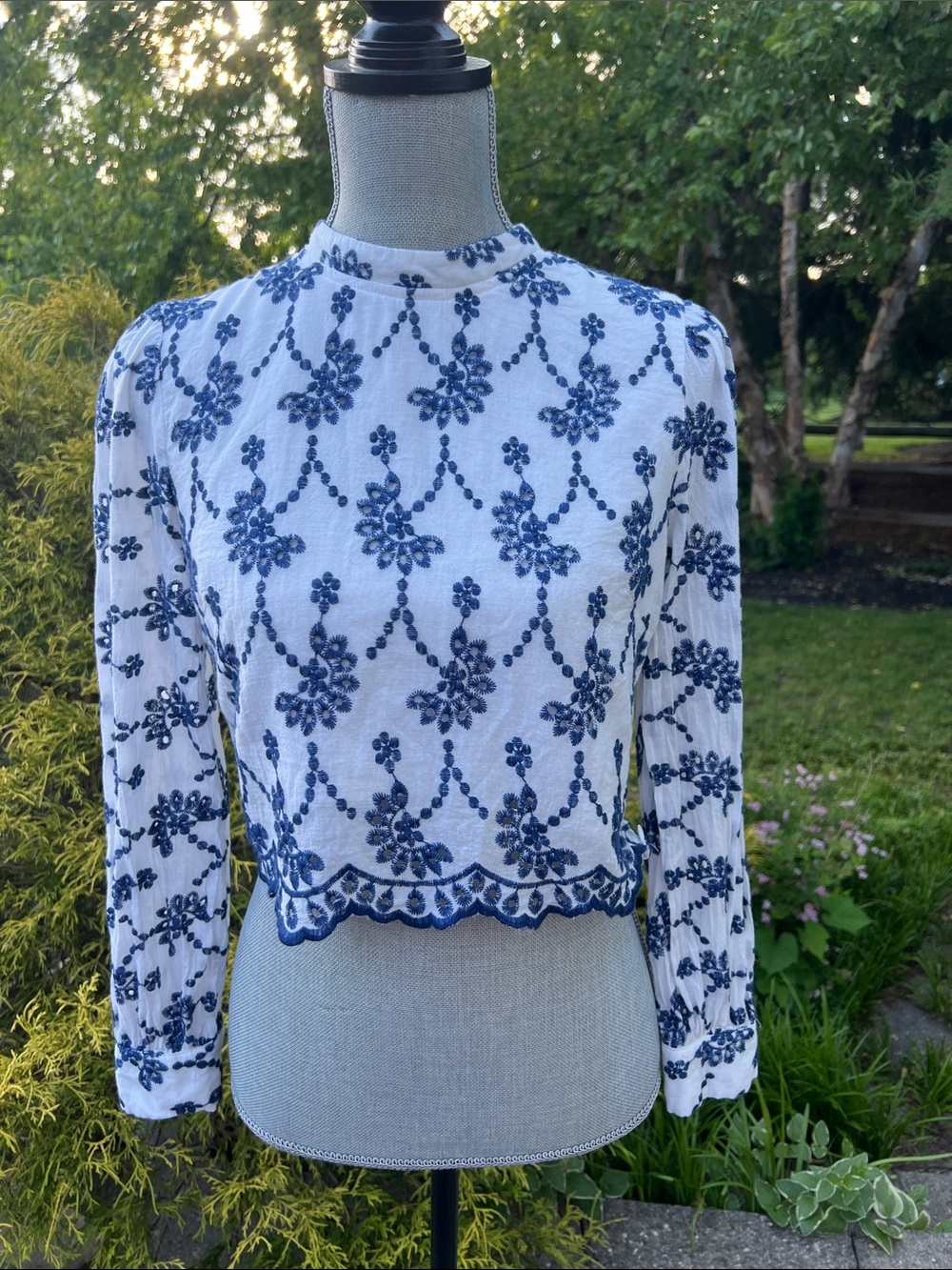 Aqua Embroidered Blue Floral Cropped Long-Sleeve Top